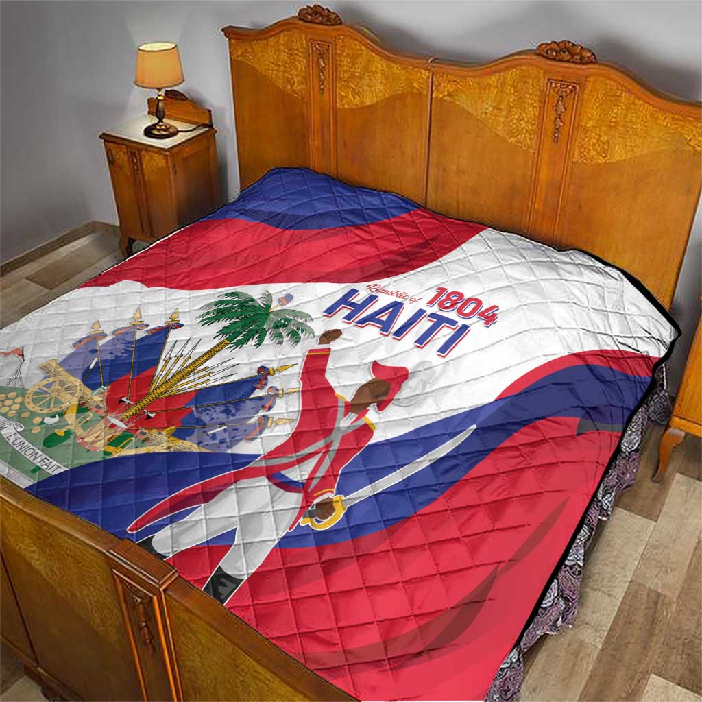 Haiti independence quilt on bed with red, white, and blue flag and "1804 HAITI"