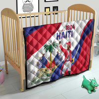 Haiti independence quilt on crib with red, white, and blue flag graphic and "1804 HAITI"