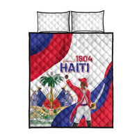 Haiti independence quilt bed set shown flat: white quilted pillows and quilt with flag design