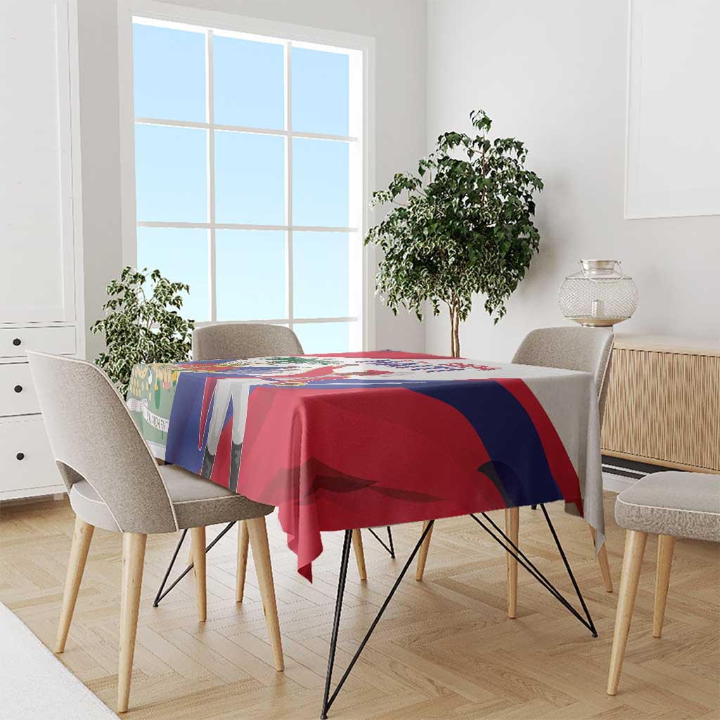 Flag-pattern tablecloth draped over dining table, red, blue, and white