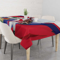 Haiti flag graphic tablecloth covering table with overhanging corners