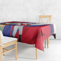 Flag-themed tablecloth with red and blue bands, draped over table edge