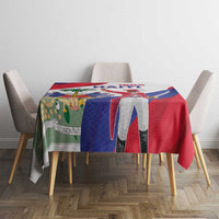 Colorful Haiti flag patchwork tablecloth on dining table
