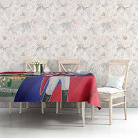 Haiti flag print tablecloth spread across rectangular dining table