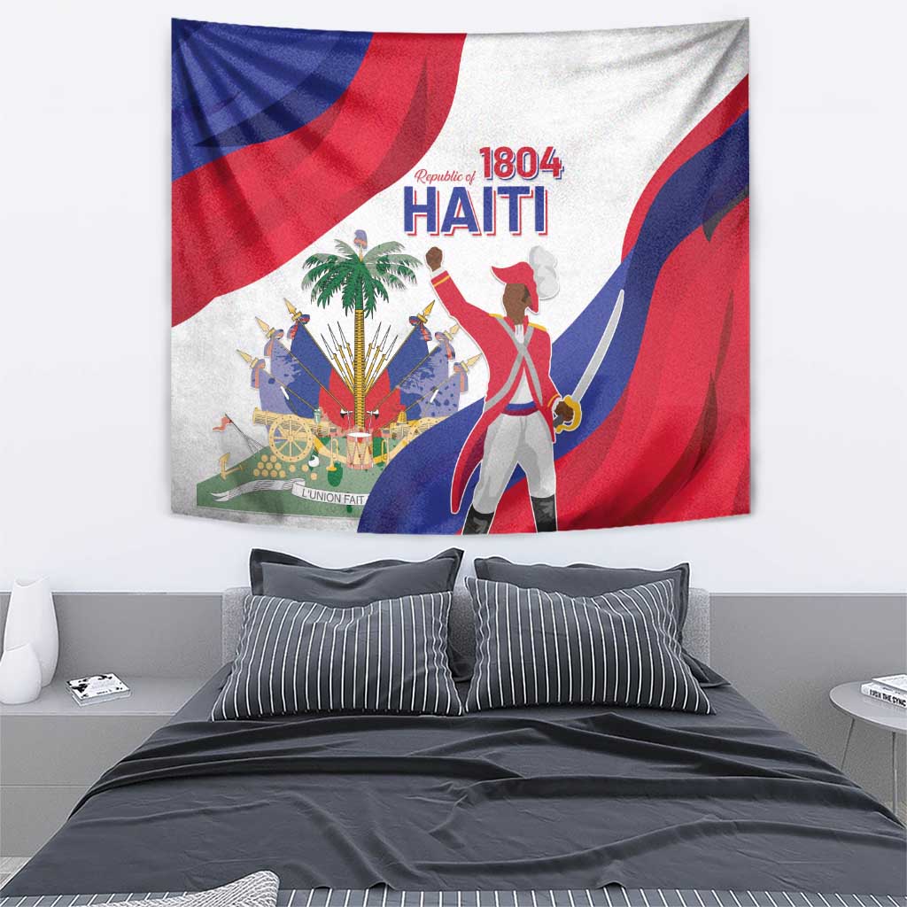 Haiti independence day wall tapestry showing 1804 HAITI text, flag ribbon and standing figure