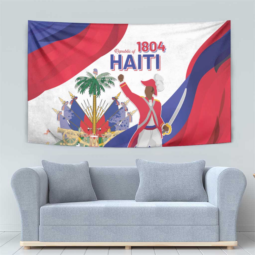 Haiti independence day tapestry featuring 1804 HAITI lettering, flag waves, and marching figure