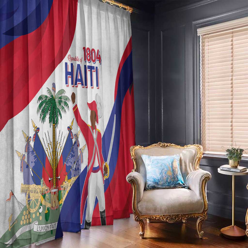 Haiti flag print window curtain panel, draped fabric in blue, red and white.