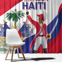 Haiti flag window curtain panel with central figures, blue red and white fabric.