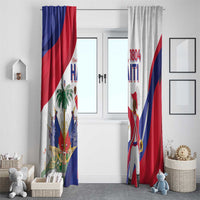 Haiti flag print window curtain panels, blue, red and white, side by side.