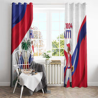Haiti flag print window curtain panels, blue red and white, hanging at windows.