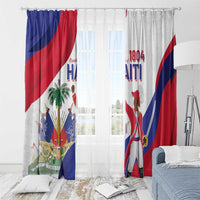 Haiti flag print window curtain panels, blue red and white, hung with top rings.