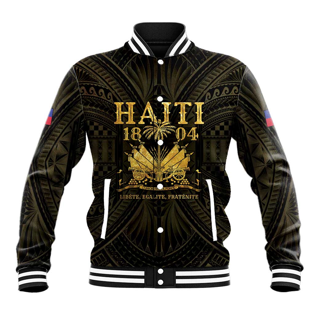 Men's black baseball jacket with gold Haiti 1804 graphic, striped collar and cuffs