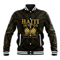 Men's black baseball jacket with gold Haiti 1804 graphic, striped collar and cuffs