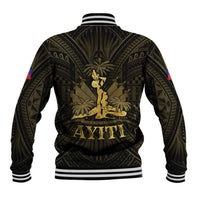 Back of black baseball jacket with gold Haiti 1804 crest and striped ribbed hem
