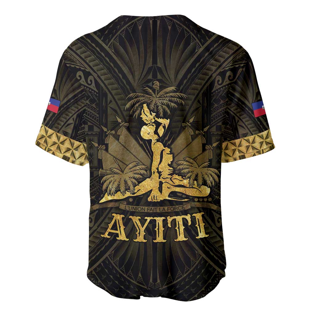 Black baseball jersey with gold Haiti back crest, button front, V-neck, short sleeves