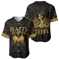 Black baseball jersey with gold Haiti front print and sleeve flag, button V-neck, short sleeves