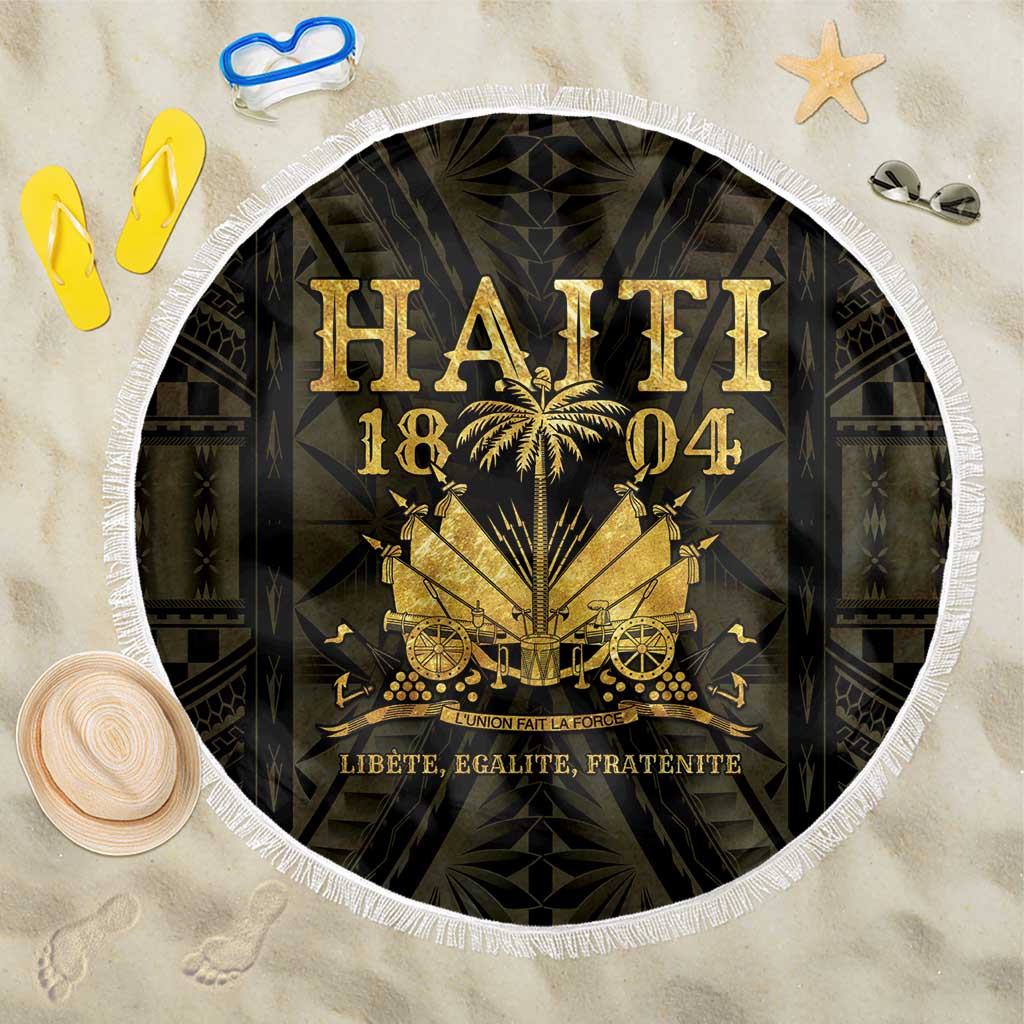 Round beach blanket with white fringe, black-and-gold Haiti 1804 graphic