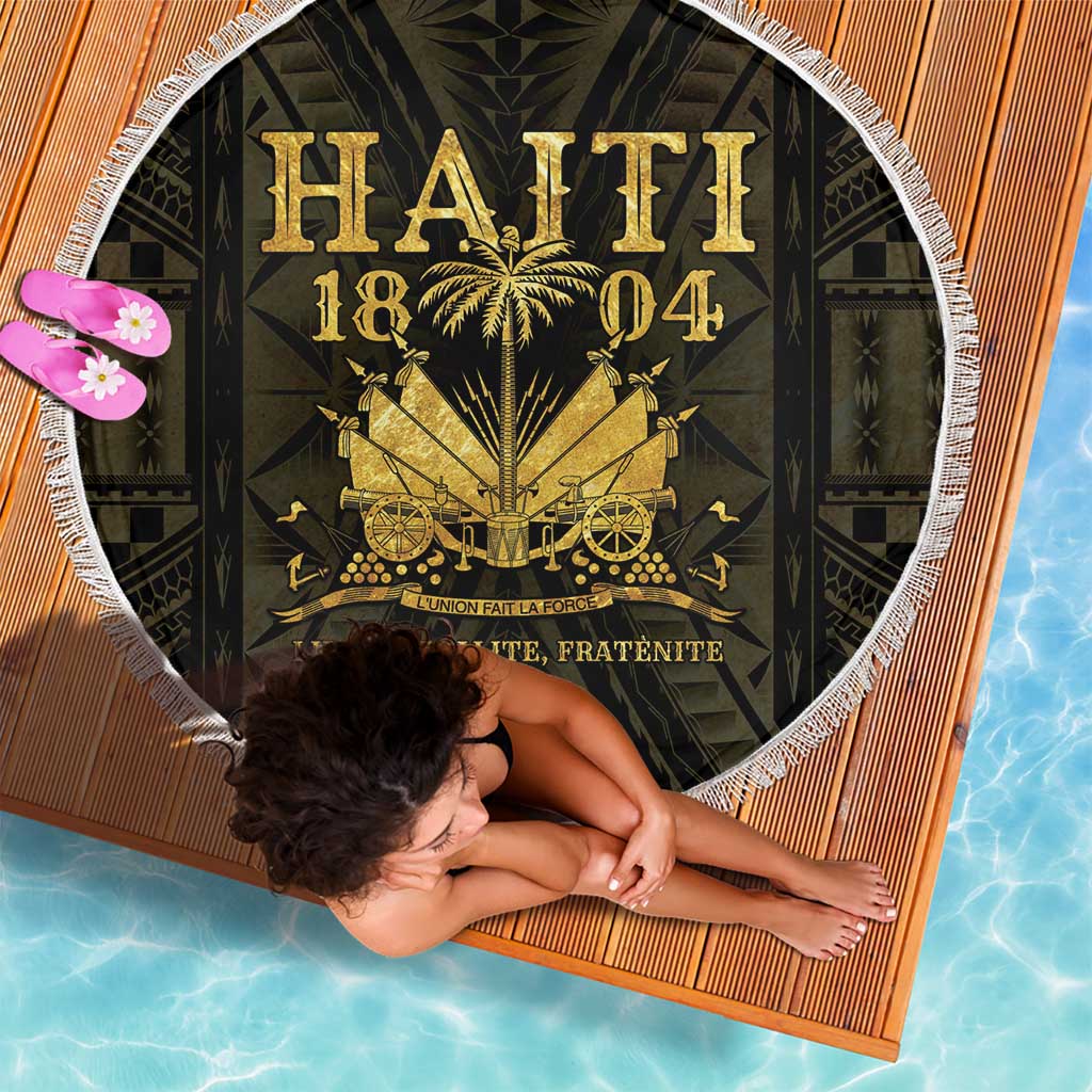Round beach blanket with white fringe, Haiti 1804 gold emblem on black