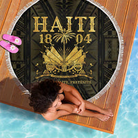 Round beach blanket with white fringe, Haiti 1804 gold emblem on black