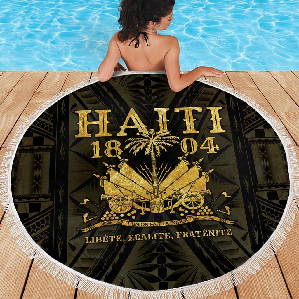 Round beach blanket with white fringe, large Haiti 1804 gold artwork