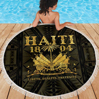 Round beach blanket with white fringe, large Haiti 1804 gold artwork