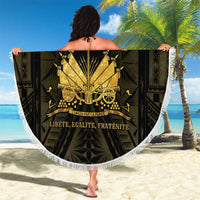 Round beach blanket with white fringe, Haiti 1804 gold crest with motto