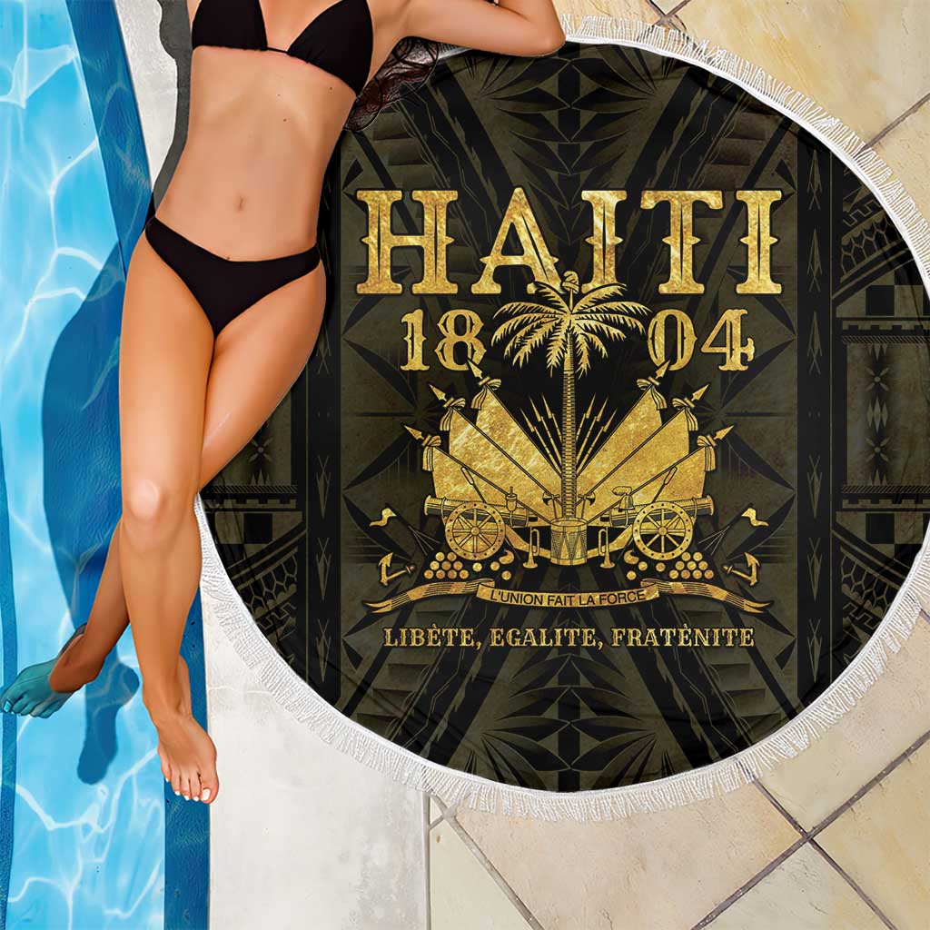 Round beach blanket with white fringe, black-and-gold Haiti 1804 emblem