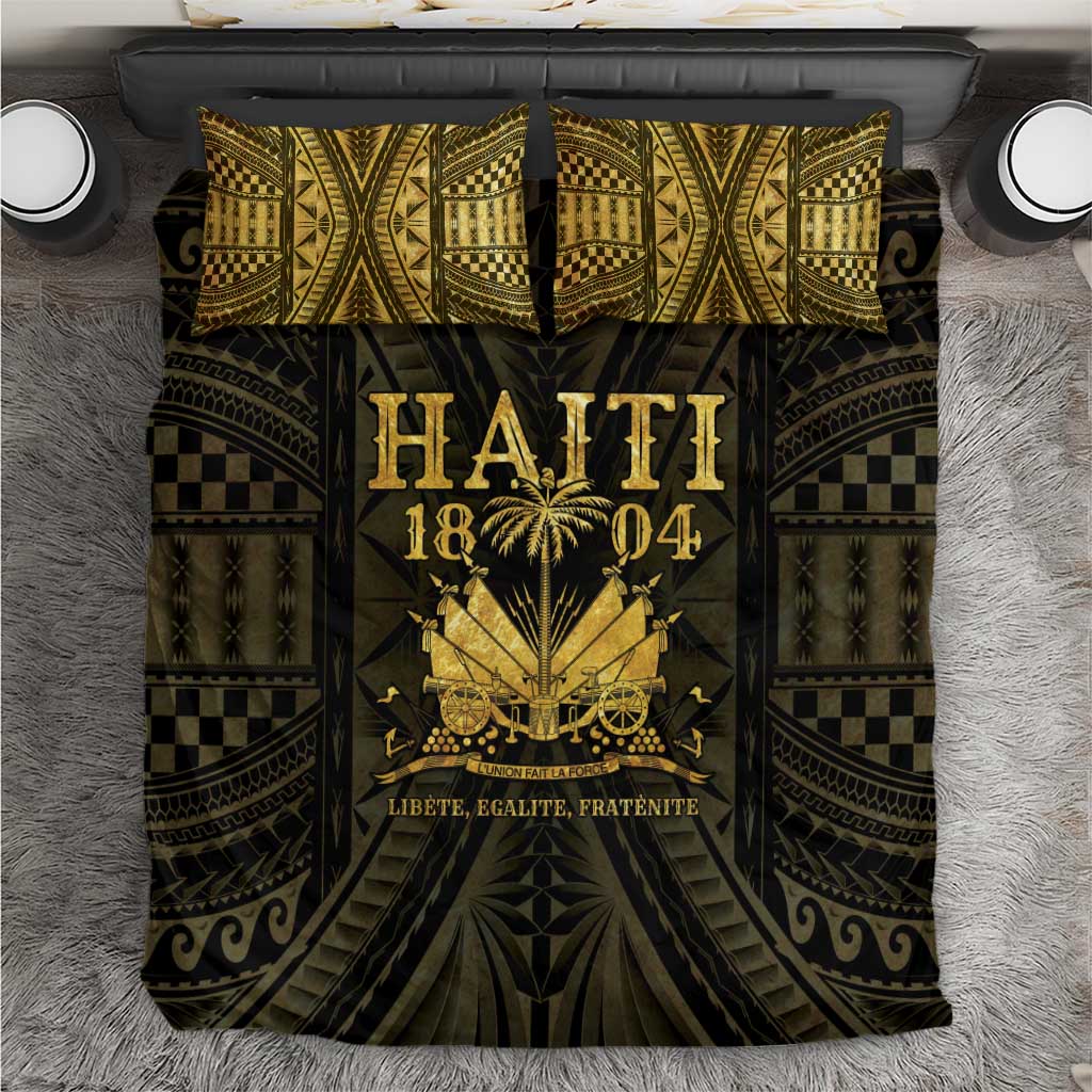Gold and dark bedding set with 'HAITI 1804' duvet cover and two patterned pillowcases