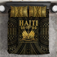 Gold and dark bedding set with 'HAITI 1804' duvet cover and two patterned pillowcases