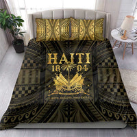 Gold and dark patterned duvet cover with 'HAITI 1804' and two matching pillowcases