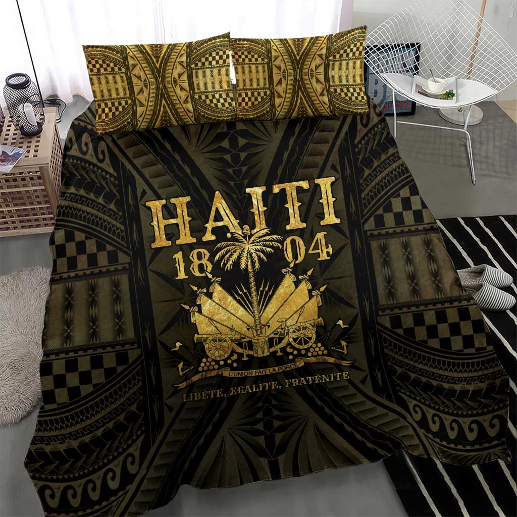 Gold and dark patterned duvet cover with 'HAITI 1804' emblem and decorative text