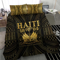 Gold and dark patterned duvet cover with 'HAITI 1804' emblem and decorative text