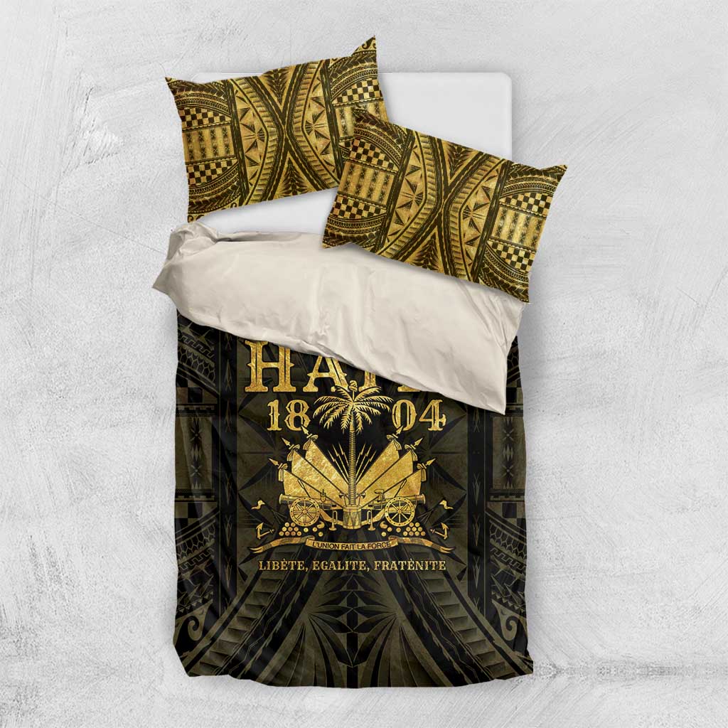 Gold and dark 'HAITI 1804' duvet cover with two matching patterned pillowcases