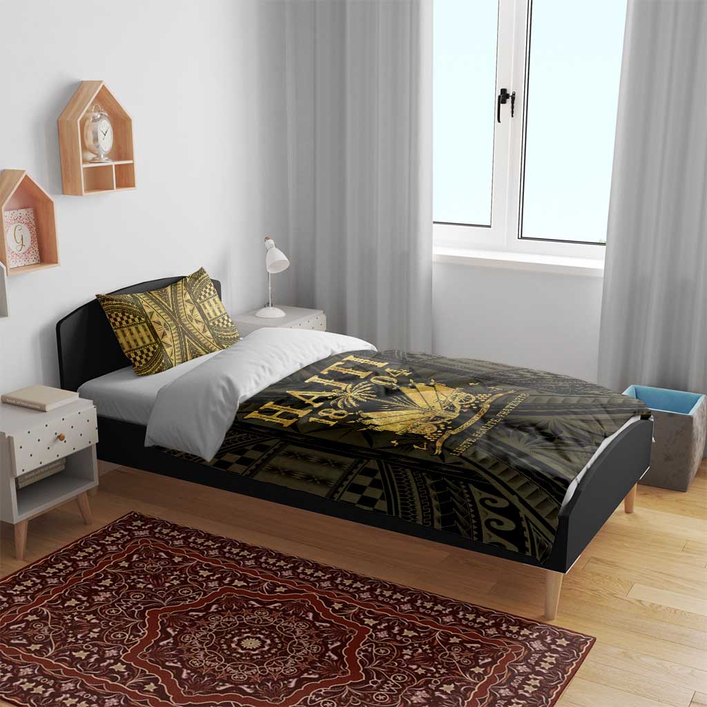 Gold and dark patterned duvet cover with 'HAITI 1804' emblem over bed
