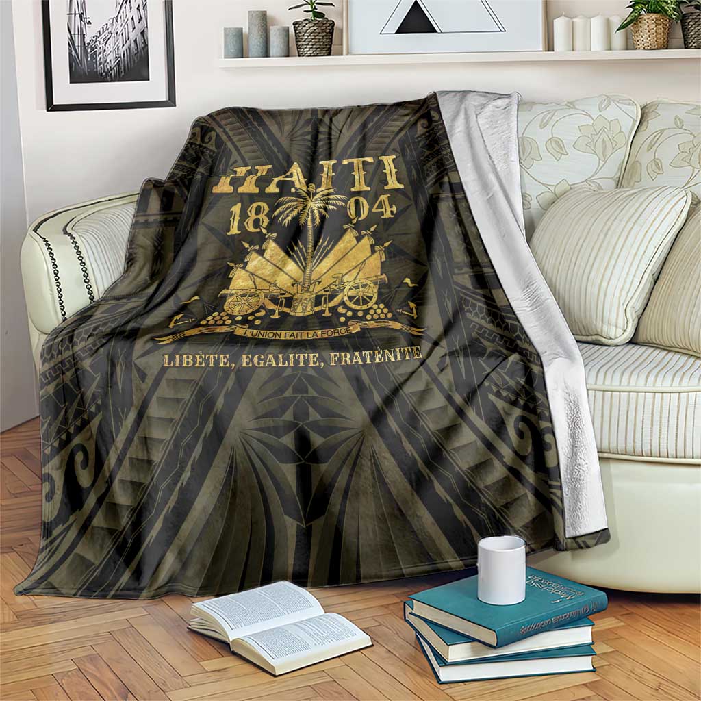 Haiti 1804 throw blanket, dark fabric with gold 'HAITI 1804' emblem and motto, draped