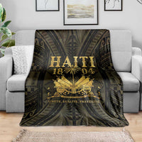 Haiti 1804 throw blanket, dark with gold palm-and-ship emblem and motto text