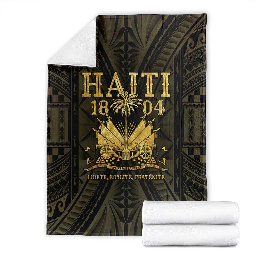 Folded Haiti 1804 blanket, dark with gold 'HAITI 1804' emblem and motto