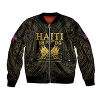 Bomber jacket with front zipper, dark green/black base, gold Haiti 1804 graphics.