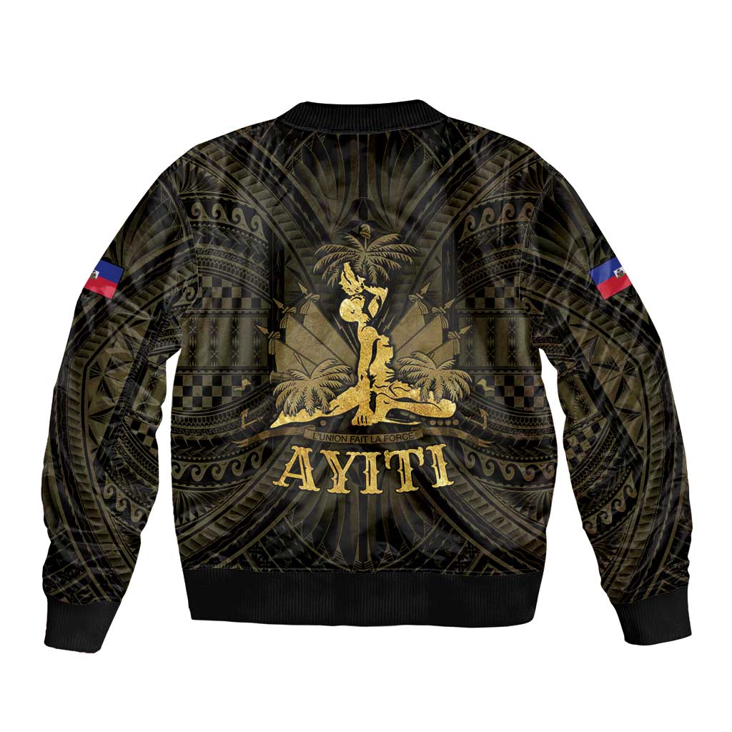 Bomber jacket with ribbed hem and cuffs, gold crest and Haiti lettering on dark base.