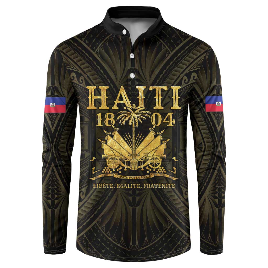 Men's button-up sweatshirt with dark base and gold Haiti front graphic