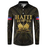 Men's button-up sweatshirt with dark base and gold Haiti front graphic