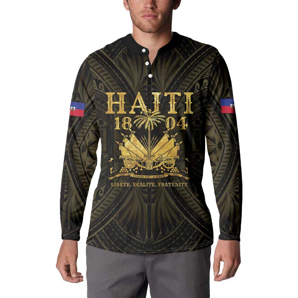 Men's button-up sweatshirt with dark base, gold emblem, and long sleeves