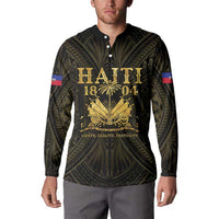 Men's button-up sweatshirt with dark base, gold emblem, and long sleeves