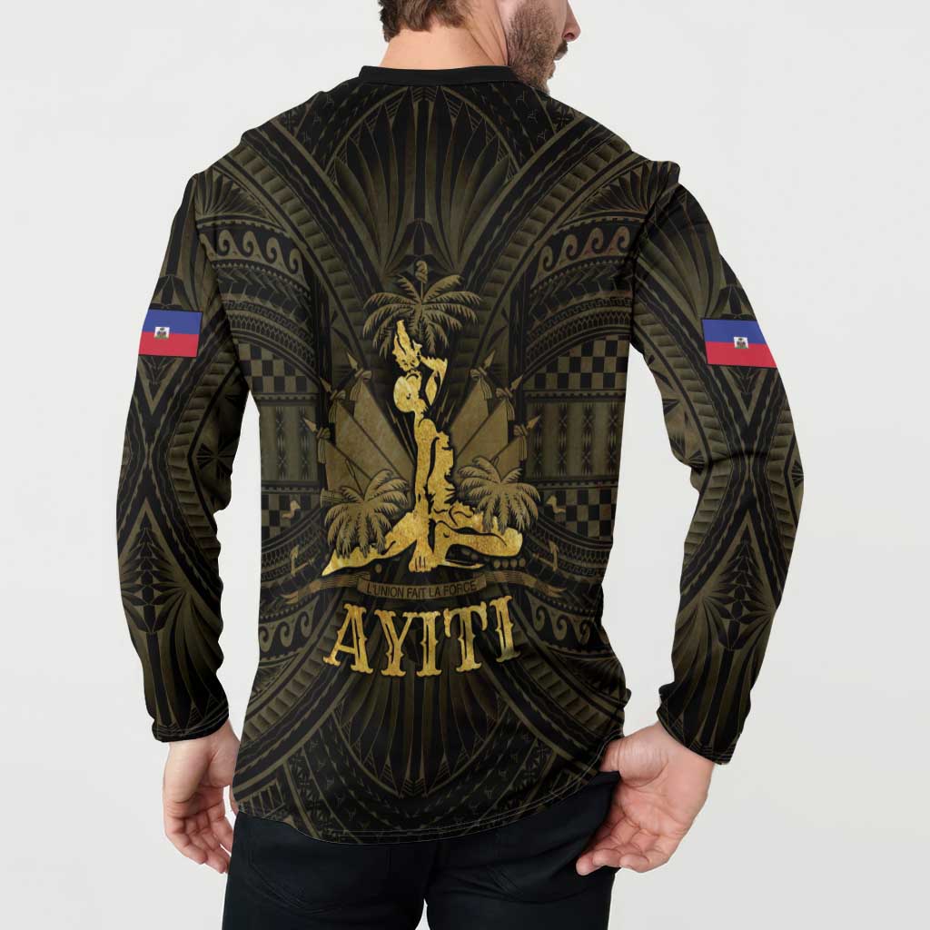 Men's button-up sweatshirt with dark base and gold back design, long sleeves