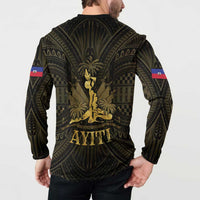 Men's button-up sweatshirt with dark base and gold back design, long sleeves