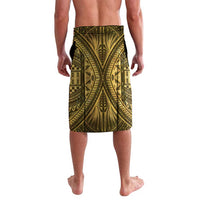Men's patterned lavalava sarong with gold tribal print and black border, back view