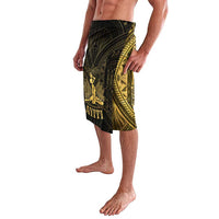 Men's patterned lavalava sarong in black and gold, side wrap with front slit