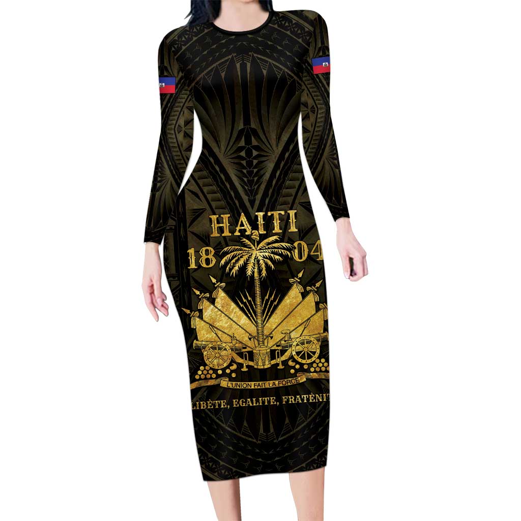 Haiti 1804 Long Sleeve Bodycon Dress Polynesian Gold Neg Maron LT05 - Wonder Print Shop