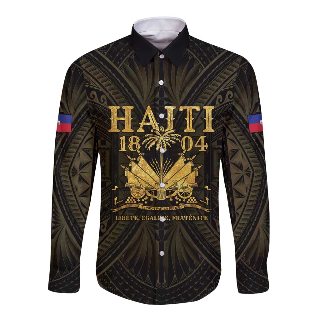 Long-sleeve button shirt, dark with gold front crest and ornate leaf pattern