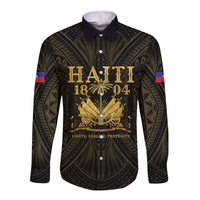 Long-sleeve button shirt, dark with gold front crest and ornate leaf pattern